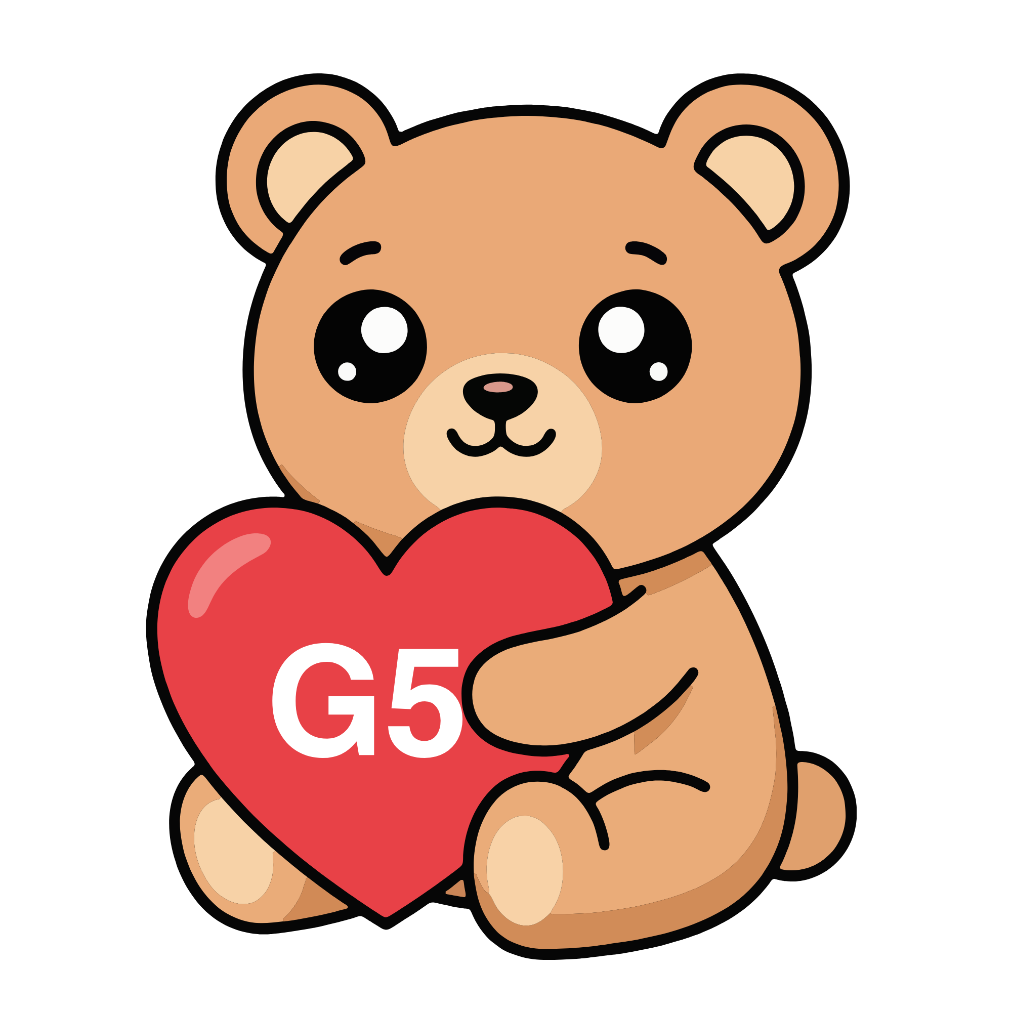 Sparky the G5 Love teddy bear mascot holding a heart